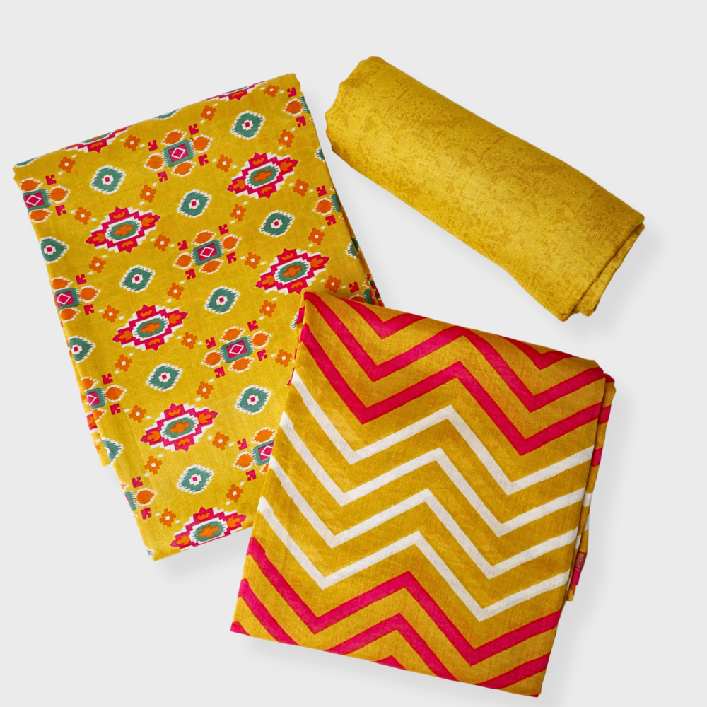 Yellow Chanderi Three Piece Printed Suit. Sku 118945