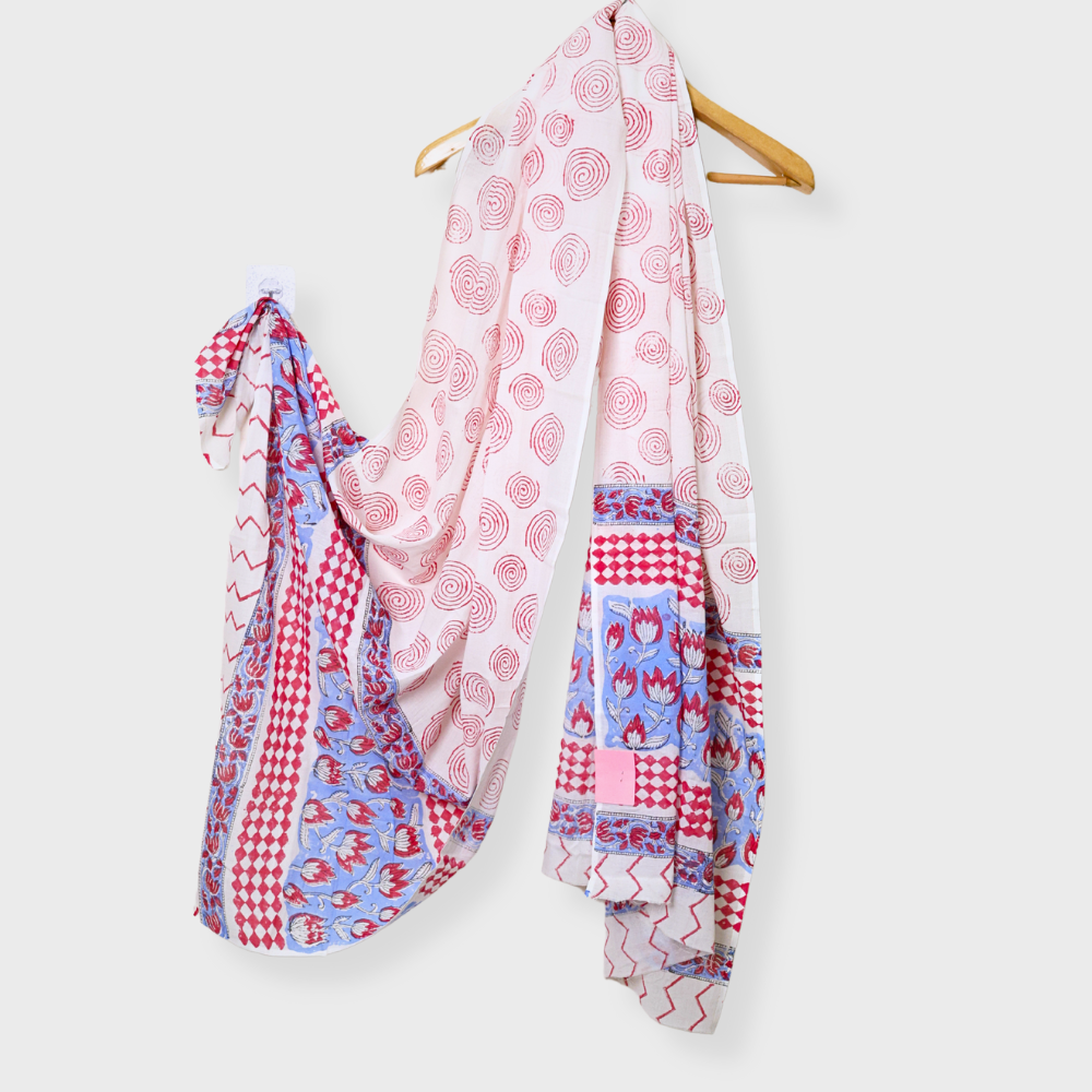 Blue Cotton Hand Block Printed Three Piece Unstiched Suit With Mul Dupatta. Sku 120822