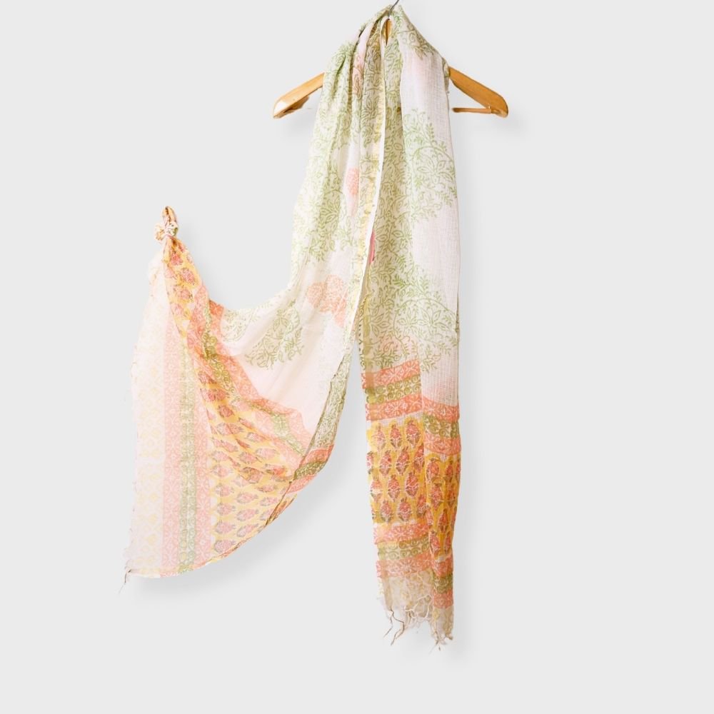 Yellow Cotton Block Printed Three Peice Unstiched Suit With Kota Doriya Dupatta. Sku 120924