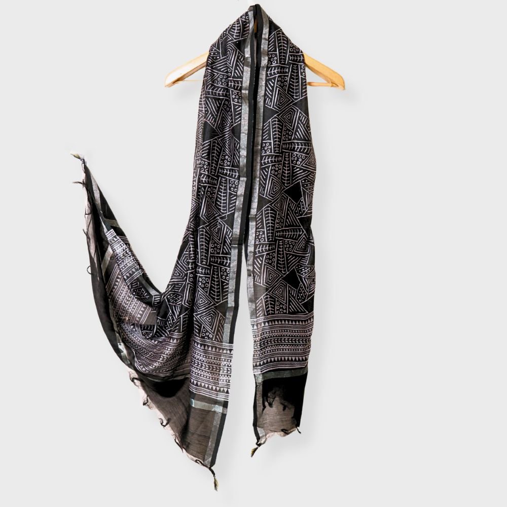 Black Chanderi Three Peice Unstiched Suit With Hand Blocked Top And Dupatta. Sku-118945